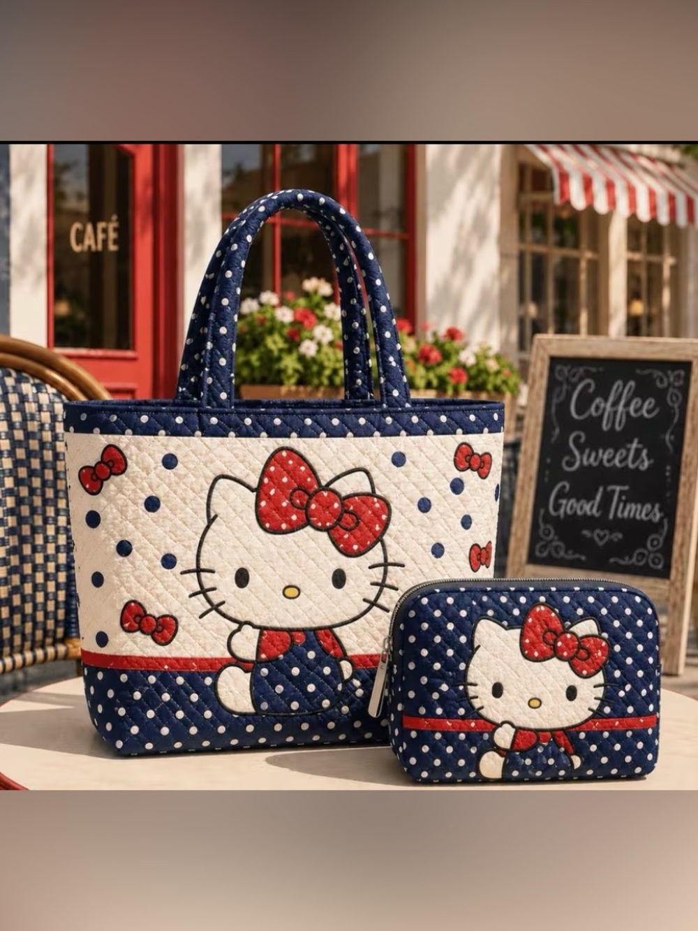 Hello Kitty Navy & White Quilted Tote and Pouch Set